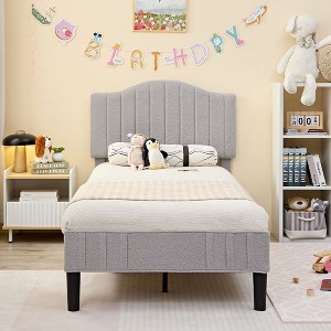 VECELO Bed Frame, Upholstered Platform Bed with Soft Teddy Fabric Adjustable Headboard, Beige/Gray - 1 of 4