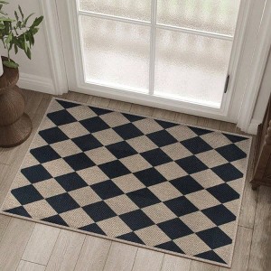 Easy Jute Checkered Entryway Rug 2x3 Black Modern Indoor Outdoor Doormat Washable Non - Slip Neutral Small Kitchen Rug - 1 of 4