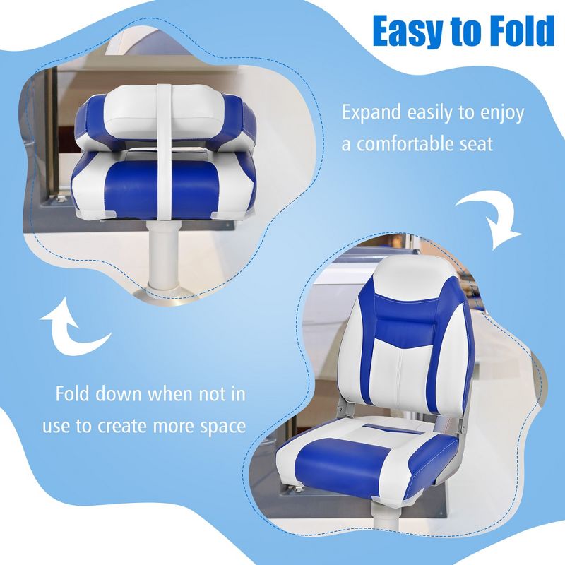 Costway High Back Folding Boat Seats w/ Blue White Sponge Cushion & Flexible Hinges, 3 of 9