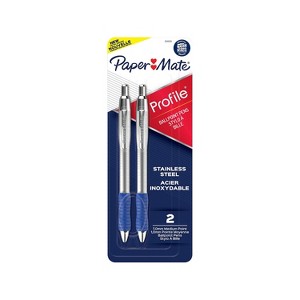 Paper Mate Profile Metal Barrel Retractable Ballpoint Pen Medium Point Blue Ink 2/Pack (2130519) - 1 of 4