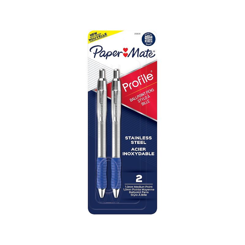 Paper Mate Profile Metal Barrel Retractable Ballpoint Pen Medium Point Blue Ink 2/Pack (2130519), 1 of 8