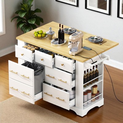 Kitchen Island with 6 Drawers, Pull-Out Trash Can Storage, Rolling Kitchen Cart on 5 Wheels with Spice & Towel Racks