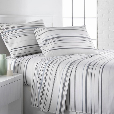 Southshore Fine Living Coastal Stripes Easy Care 4-Piece Microfiber Ultra-Soft Sheet Set Grey Queen