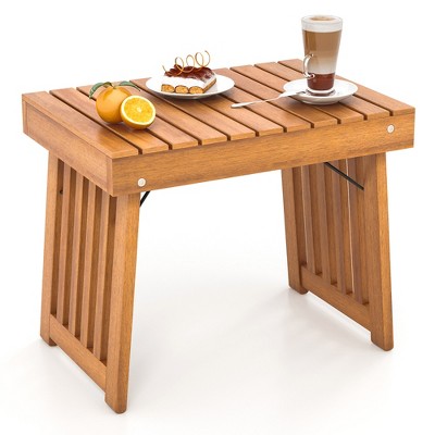 Tangkula Outdoor Folding Side Table Patio Acacia Wood End Table w/ Slatted Tabletop