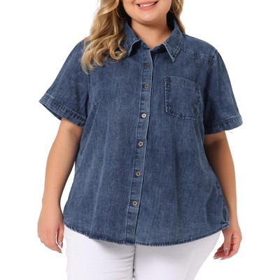 Agnes Orinda Women's Plus Size Jean Denim Short Sleeve Chest Pocket Button  Down Shirt Denim Blue 1X