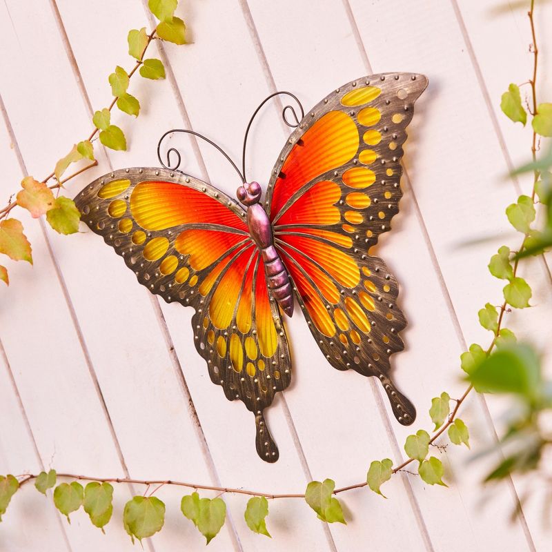 LuxenHome Orange and Yellow Butterfly Metal and Glass Outdoor Wall Decor, 3 of 7