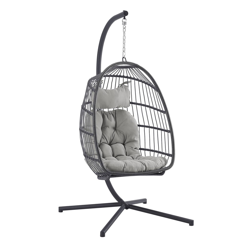 Toluca Hanging Outdoor Boho Egg Chair with Cushion – Gray/Gray – Saracina Home