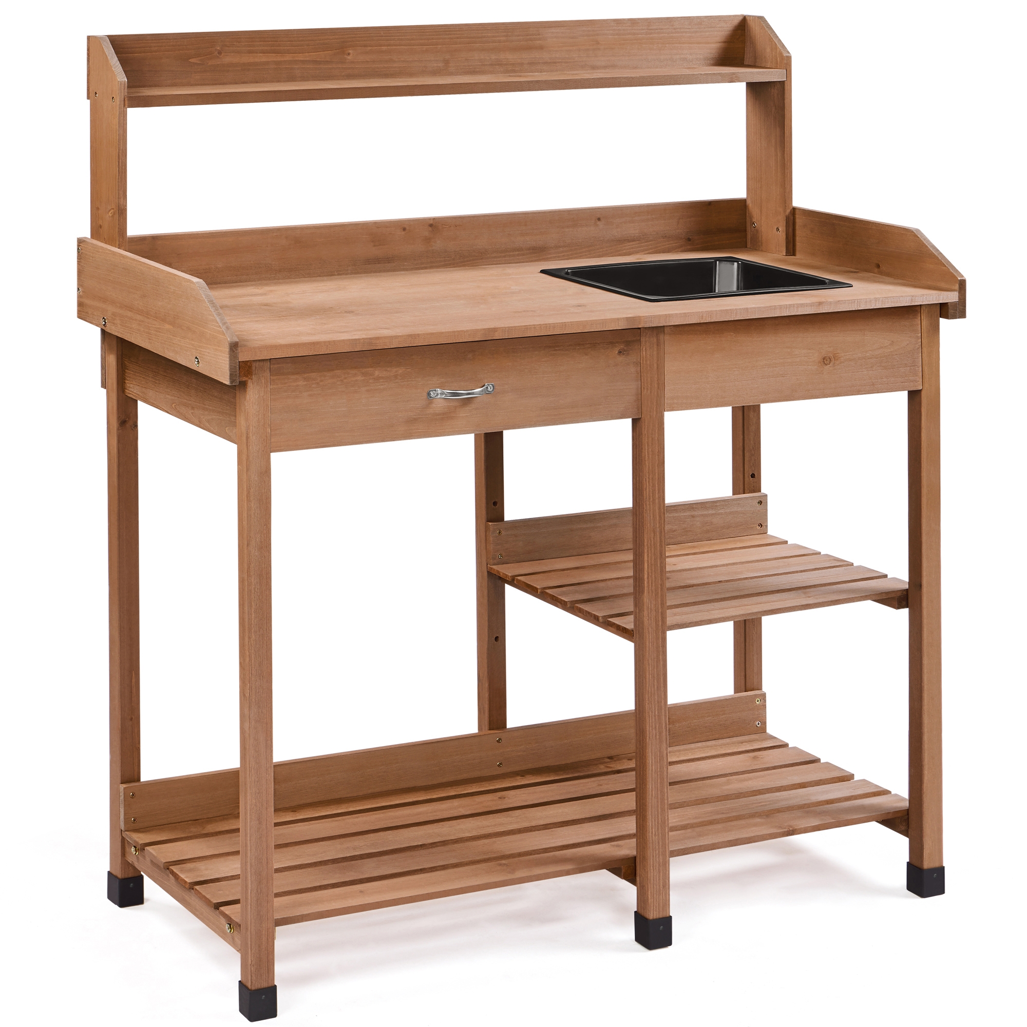 Yaheetech Solid Outdoor Wood Potting Bench Garden Work Bench Station w/Sink Drawer Rack Shelves, Brown