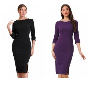 INSPIRE CHIC Women's Elegant Boat Neck 3/4 Sleeves Work Midi Split Sheath Dress 2 Packs - 1 of 4