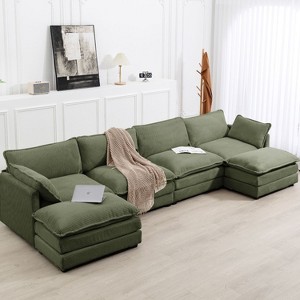 Hyleory 147 in. W 6-Piece Modern Corduroy Fabric Sectional Sofa with Double Ottomans - 1 of 4