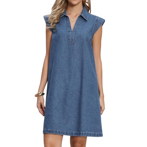 Женские платья INSPIRE CHIC Women's Denim V Neck Cap Sleeve Loose Casual Tunic Jean Mini Dresses Small Blue