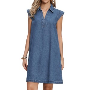 INSPIRE CHIC Women's Denim V Neck Cap Sleeve Loose Casual Tunic Jean Mini Dresses - 1 of 4