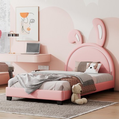 ALEXOUN Upholstered Leather Platform Bed with Rabbit Ornament and Headboard Wood & Slats,Designed for Kids Toddlers Boys Girls
