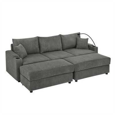 GDFStudio Rod Modern 3 Seater Corduroy 102" Sofa with Cup Holders,Mobile Phone Holder, Armrest Storage and Ottoman