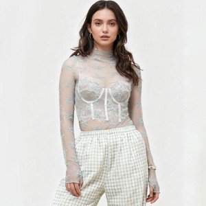 Women’s Floral Lace Slim-Fit Top – Sheer Stretch Tee with Baby Overlock Edge, Versatile Cherie Code - 1 of 4