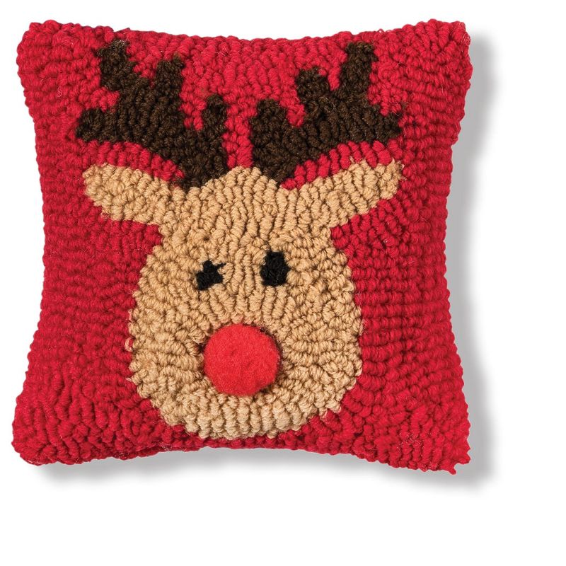 C&F Home 8" x 8" Reindeer Games Reindeer with Red Nose on Red Background Petite Accent Hooked Christmas Pillow, 1 of 7