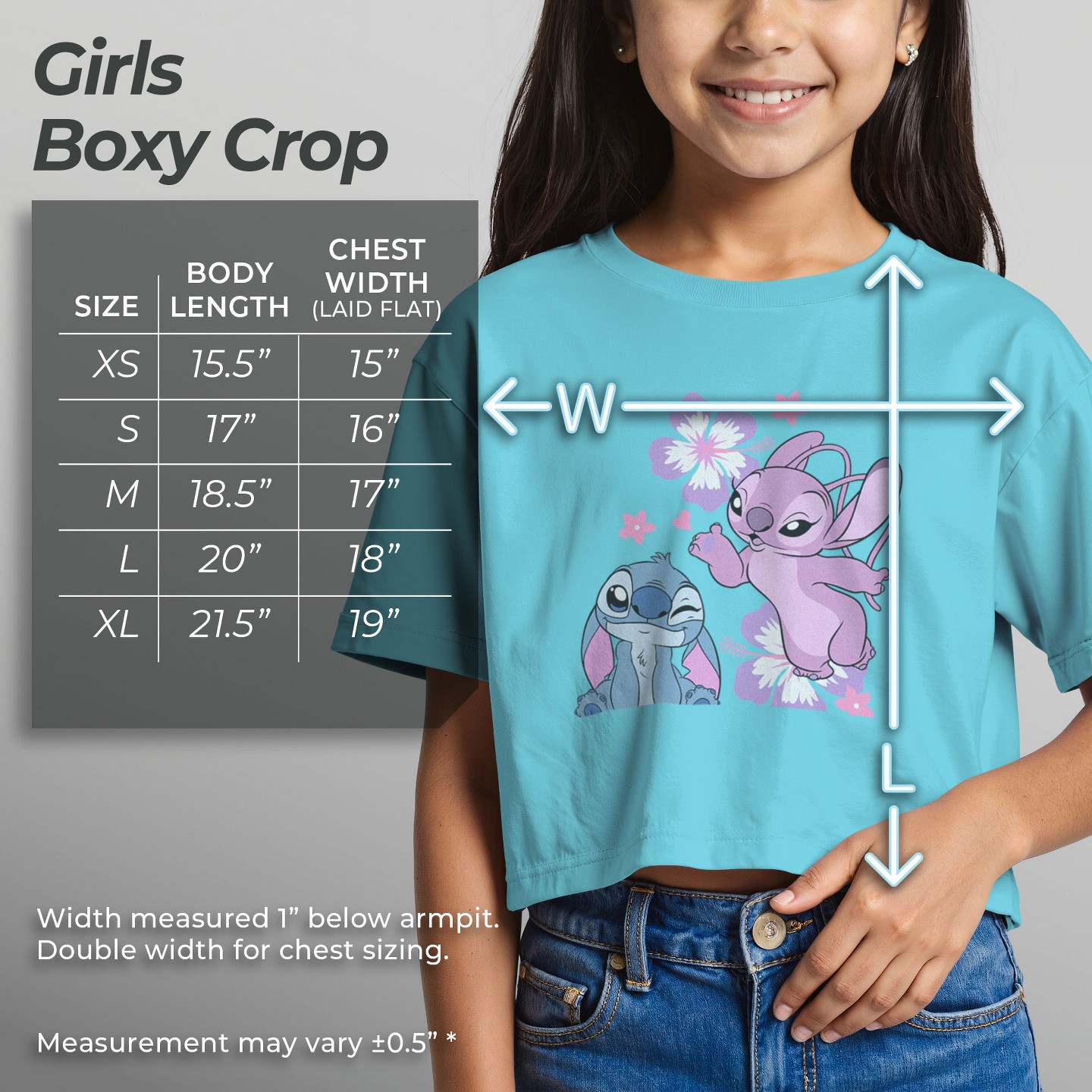 Футболка Lilo & Stitch Angel Kisses and Flowers Graphic Graphic Cropped T-Shirt - Blue для девочек, цвет: Синий — фото 5