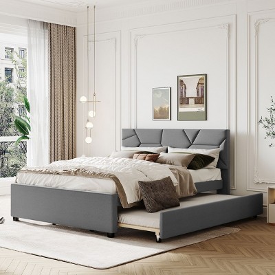 KTMBDW Full/Queen Size Upholstered Platform Bed with Brick Pattern Headboard and Twin Size Trundle, Linen Fabric