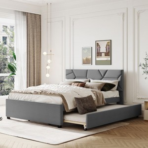 KTMBDW Full/Queen Size Upholstered Platform Bed with Brick Pattern Headboard and Twin Size Trundle, Linen Fabric - 1 of 4