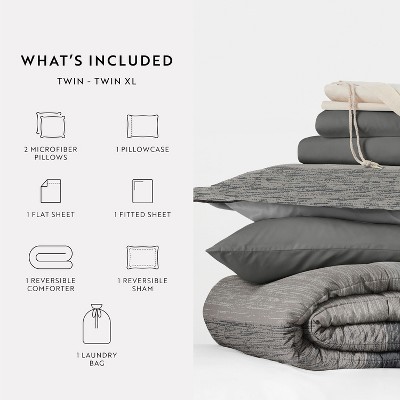 Becky Cameron 8PC Dorm Bedding Bundle, Patterned Comforter Set, Solid Sheet Set, Pillows, Laundry Bag - Becky Cameron, Forget Me Not Navy, Twin Extra Long — фото 2