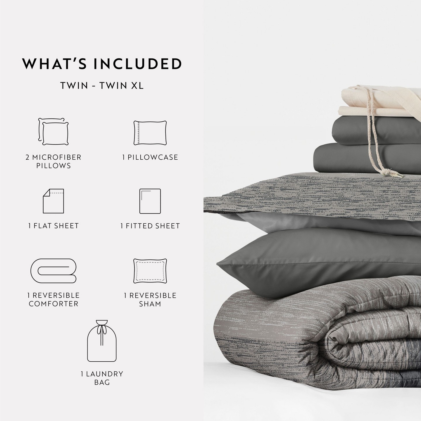 Комплекты постельного белья Becky Cameron 8PC Dorm Bedding Bundle, Patterned Comforter Set, Solid Sheet Set, Pillows, Laundry, цвет: Серый — фото 2