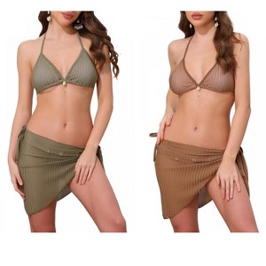 INSPIRE CHIC Women's 3-Piece Herringbone Halter Top Tie Side Triangle Bottom with Cover Up Skirt Bikini Suits 2 Sets - 1 of 4