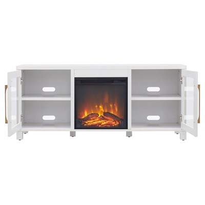 Elegant White 58" TV Stand with Integrated Fireplace and Storage Cabinets