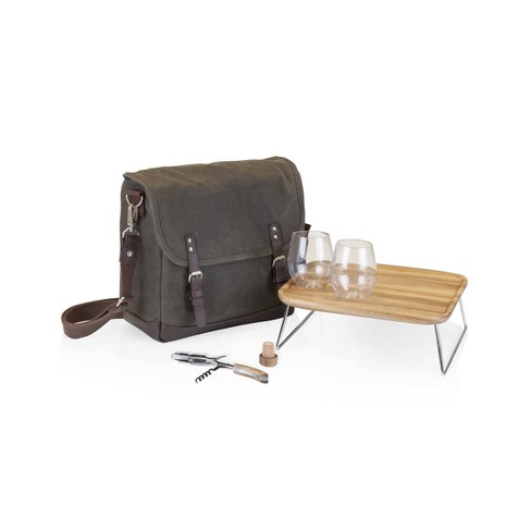 a Picnic Time Brand Adventure Insulated Double Wine Tote with Service for Two Khaki Green/Brown LEGACY 