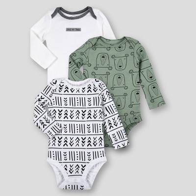 Image of Lamaze Baby Boys' 3pk Organic Cotton Geometric Bear Long Sleeve Bodysuit - White/Forest Green