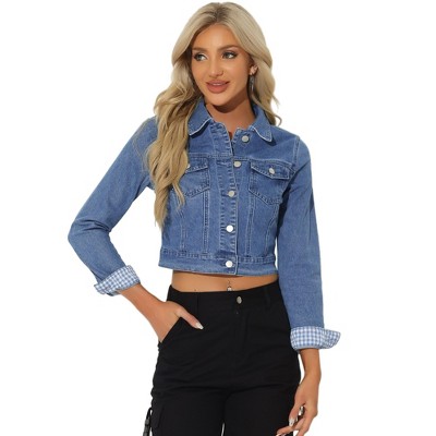 Allegra K Women's Solid Cropped Button-Down Plaid Cuffs Jean Jacket with Pockets
