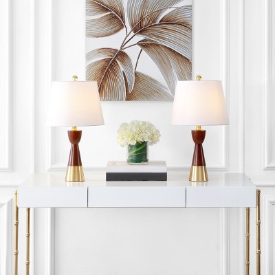 Elegant Geometric Brown and Brass Gold Table Lamp Set with White Linen Shade