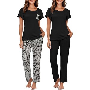 Ekouaer 2 Pack Womens Pajama Sets Short Sleeve with Long Pajama Pant Set Soft Sleepwear Printed Pj Lounge Sets with Pockets - 1 of 4