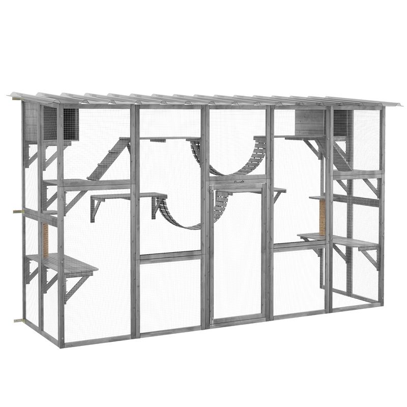 PawHut Catio Playground Outdoor Cat Enclosure, Wooden Outdoor Cat House Weatherproof for Multiple Cats, Shelves & Bridges, 1 of 9