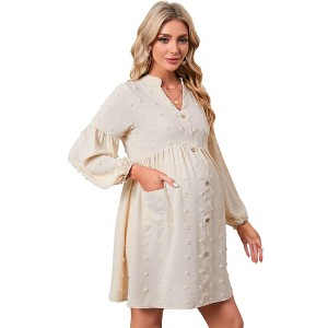 Coolmee Women's Maternity Midi Dress V Neck Long Sleeve Button Loose Pregnant Flowy Dress with Pocket - 1 of 4