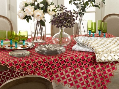Red Polyester Holiday Cutwork Design Table Runner