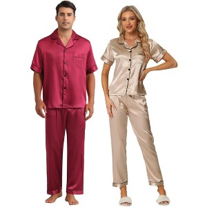 INSPIRE CHIC Couples Satin Pajamas Sets Button Down Short Sleeve Soft 2 Pack Sleepwear - 1 of 4