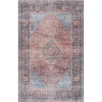 Hauteloom Light Blue and Burgundy Rectangular Polyester Area Rug