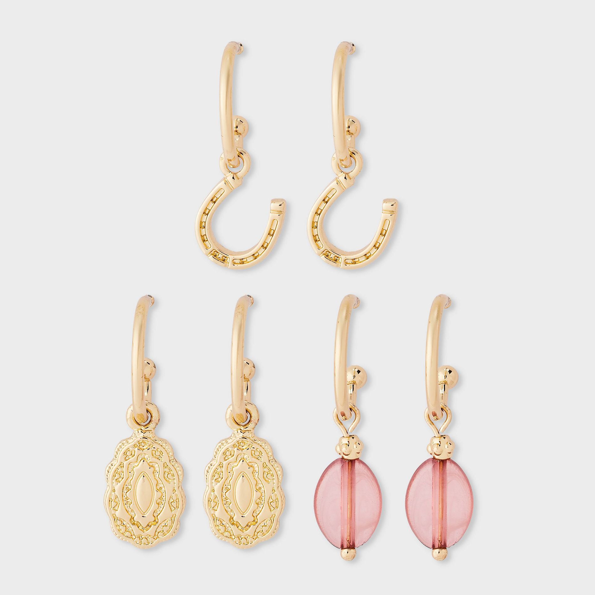 Western Charm Hoop Earring 3pc Set - Universal Thread™ Gold/Pink