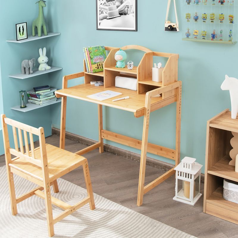 Costway Bamboo Kids Study Desk And Chair Set  Height Adjustable Home School w/ Bookshelf, 5 of 11