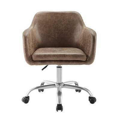 Rustic Brown Leather-Trimmed High-Back Task Chair with Zig-Zag Stitching