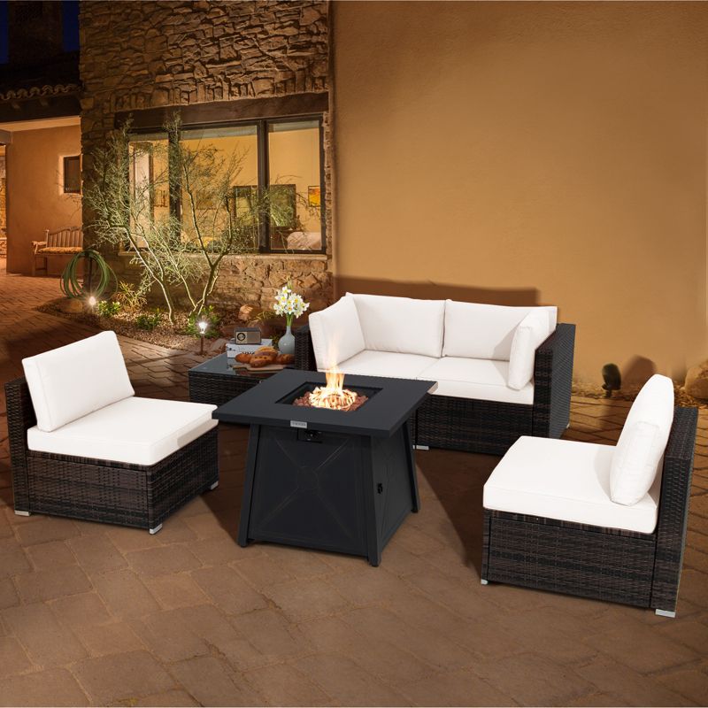 Tangkula 6-Piece Patio Furniture Set w/ 30" Propane Fire Pit Table Outdoor PE Wicker Conversation Set w/ Cushions &Tempered Glass Coffee Table, 3 of 11