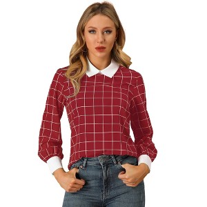 Allegra K Women's Contrast Turndown Collar Button Back Check Plaid Work Shirt - 1 of 4