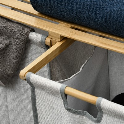 Natural Bamboo Frame Laundry Sorter with Gray Fabric Bags