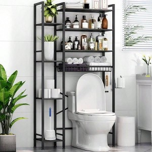 8 - Tier Over Toilet Storage with Side Rack, Adjustable Shelf Drain Basket, Freestanding Bathroom Organizer - 1 of 4