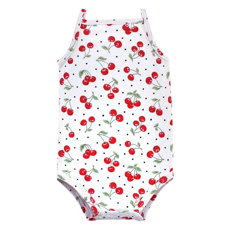 Hudson Baby Infant Girl Cotton Sleeveless Bodysuits 5pk, Cherries, 4 of 8