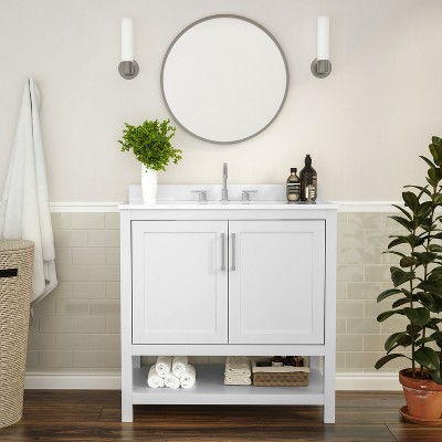 Flash Furniture Vega Bathroom Vanity with Sink Combo, Storage Cabinet with Soft Close Doors and Open Shelf, Carrara Marble Finish Countertop