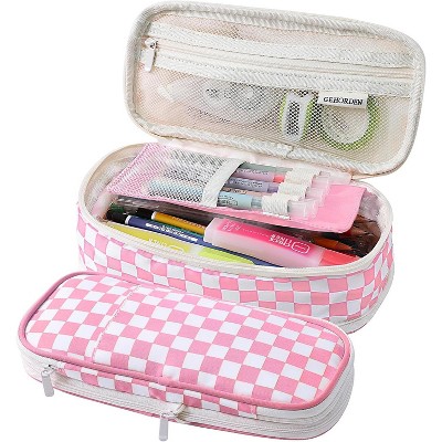 Fmeida Large Pencil Case Pouch With Zipper Checkered Pen Bag for Teen Girls and Boy Black