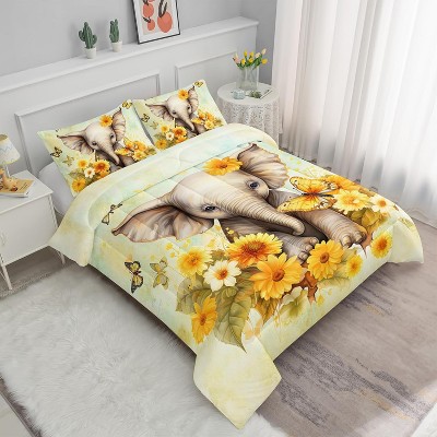 Acoinel 3 Pcs Elephant and Flowers Lightwight Ultra Soft Comforter Set with 2 Pillowcases, TWIN, Yellow