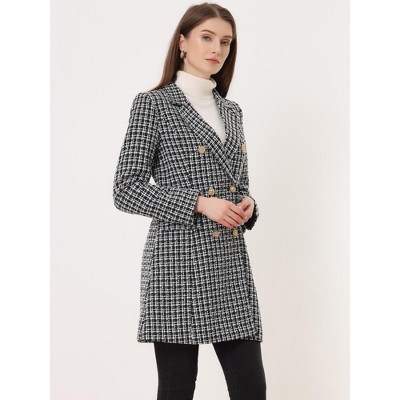 INSPIRE CHIC Women's Notched Lapel Collar Coat Elegant Double-Breasted Plaid Tweed Blazer Outerwear Black Small — фото 2