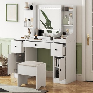 Makeup Vanity Desk with Mirror and Lights, Makeup Table Set with Stool, Adjustable Brightness Dressing Table with Drawers and Cabinet for Bedroom - 1 of 4